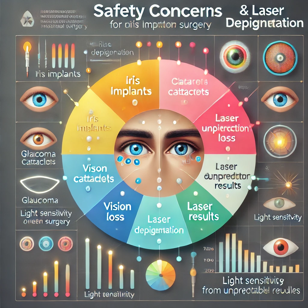 Image: A data chart outlining the safety concerns for both iris implants and laser depigmentation surgeries, based on recent studies.