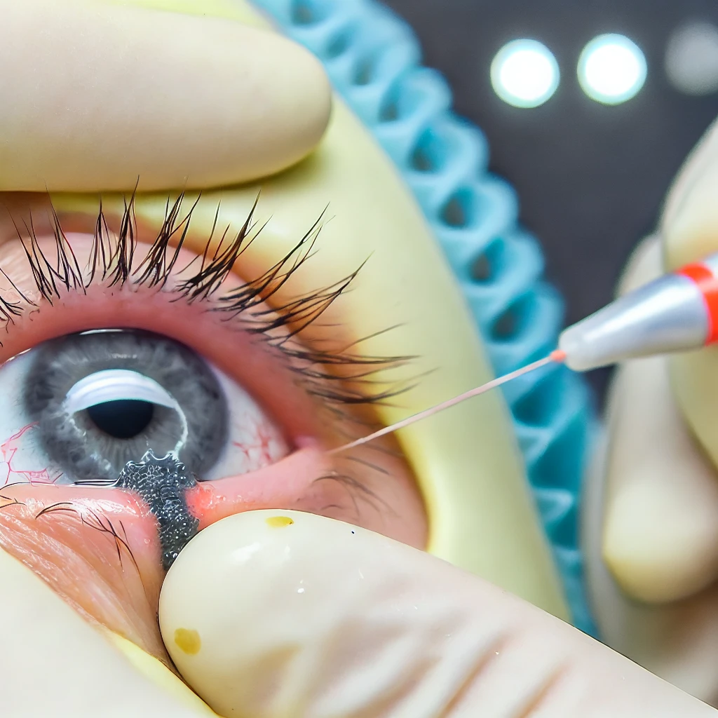 Image: A realistic illustration of the laser depigmentation process, where a laser removes melanin from the iris.