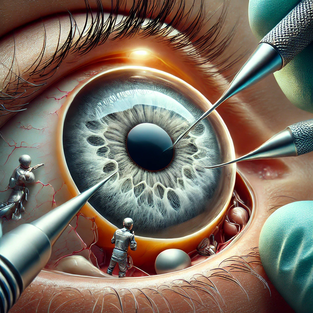 Image: A highly detailed image showing the process of inserting a synthetic iris implant into the eye, changing the color permanently.