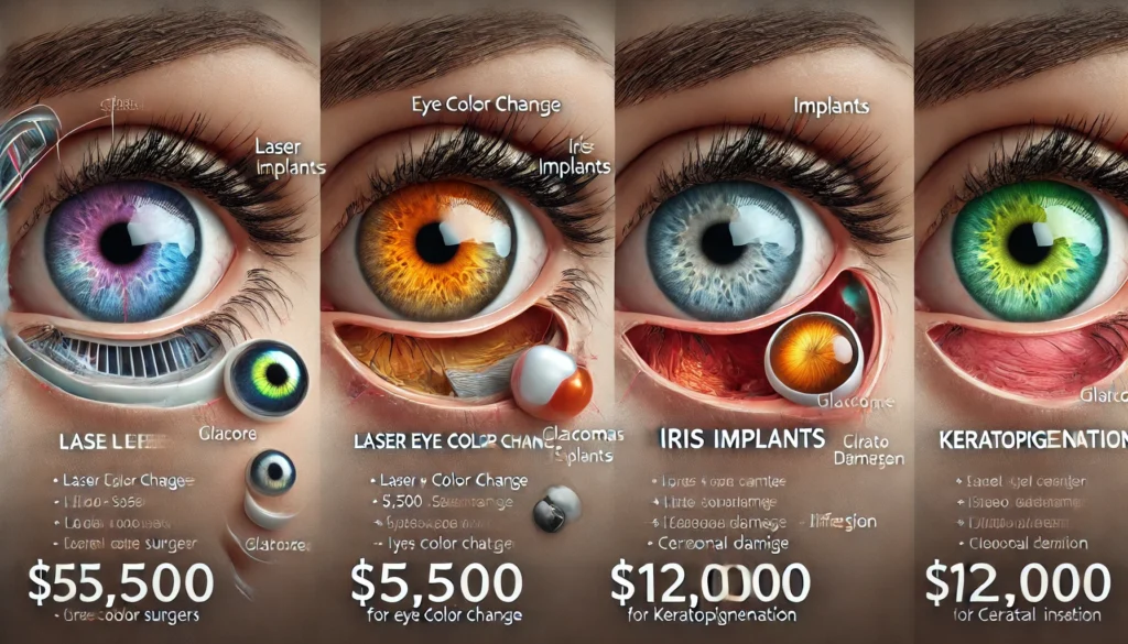  comparison of the costs and risks of the three main eye color change surgeries (Laser eye color change, Iris Implants, Keratopigmentation). The image uses a side-by-side format with each procedure clearly labeled, showing typical costs (e.g., $5,500 for laser, $12,000 for keratopigmentation, etc.) along with the associated risks such as glaucoma, corneal damage, and infection. The design features clinical tones with a professional and clear presentation, ensuring the information is digestible for patients.