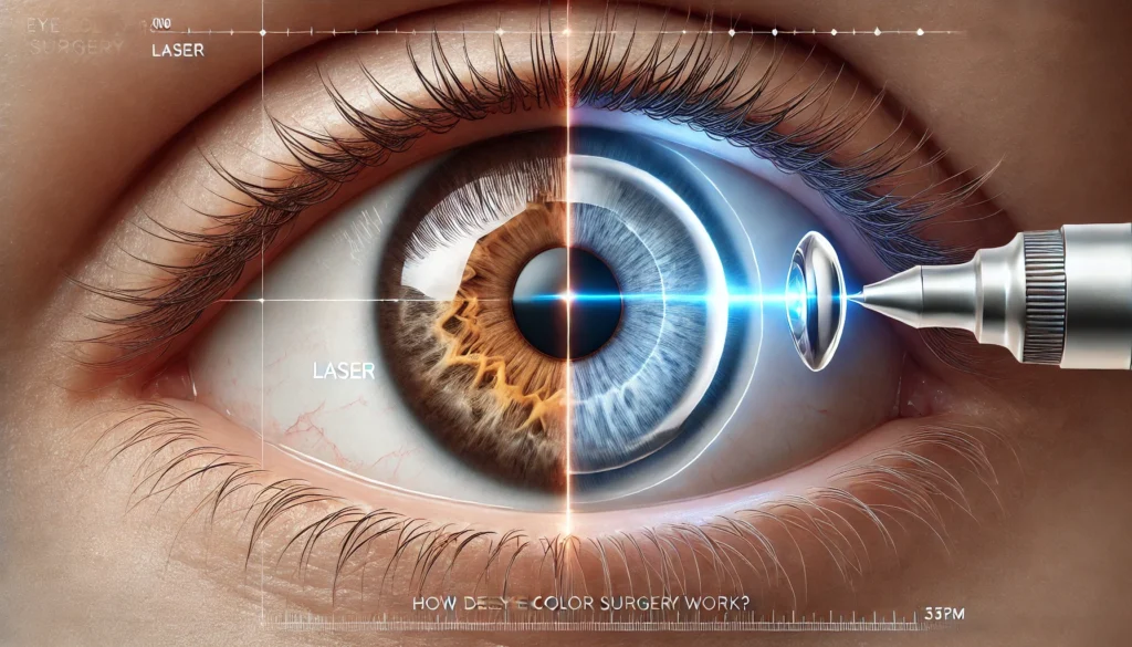 A hyper-realistic image for the section 'How Does Eye Color Surgery Work?' showing a close-up of two different methods for changing eye color. On the left side, the laser method is illustrated, with a subtle laser beam targeting the brown melanin in the iris and slowly transforming it into blue. On the right side, an iris implant surgery is depicted, where a small, flexible implant is placed over the natural iris. The background has a sterile, clinical look with clean lines, giving the image a professional and medical tone.