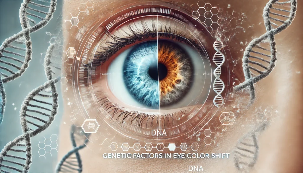 A hyper-realistic and visually detailed image for the section 'Genetic Factors in Eye Color Shift'. The image shows a split view of a human eye with two irises: one blue and one brown, highlighting the genetic variability in eye color. Around the eye, there are subtle icons of DNA strands and genetic codes, emphasizing the scientific connection. The background is clean, with soft tones, giving it a professional and educational appearance.